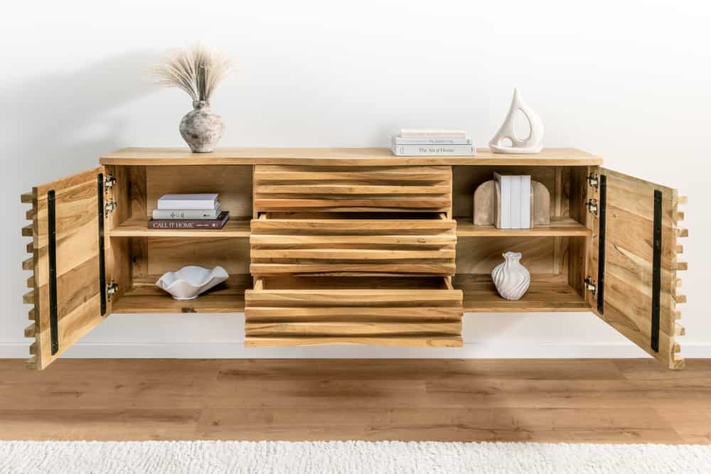 Hängendes Sideboard RELIEF 175cm natur Akazie Massivholz mit Schubladen