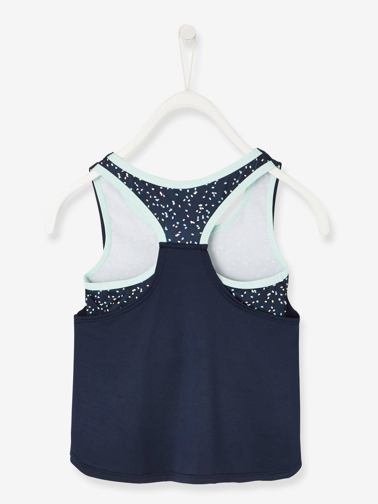 Camiseta esportiva sem mangas, efeito 2 em 1, azul-escura lisa com estampas.