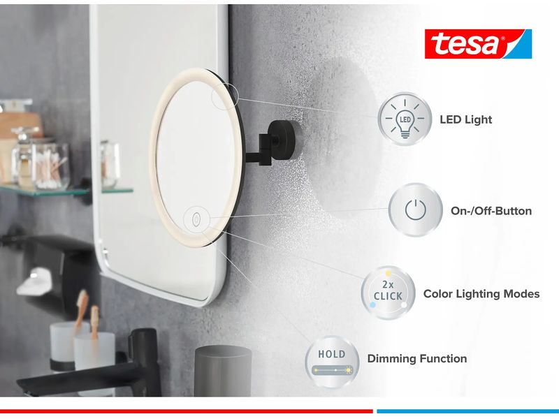 tesa Kosmetikspiegel Visioon LED, Schwarz Runder Vergrösserungsspiegel mit LED-Beleuchtung, fünffacher Vergrösserungsfunktion für Details
