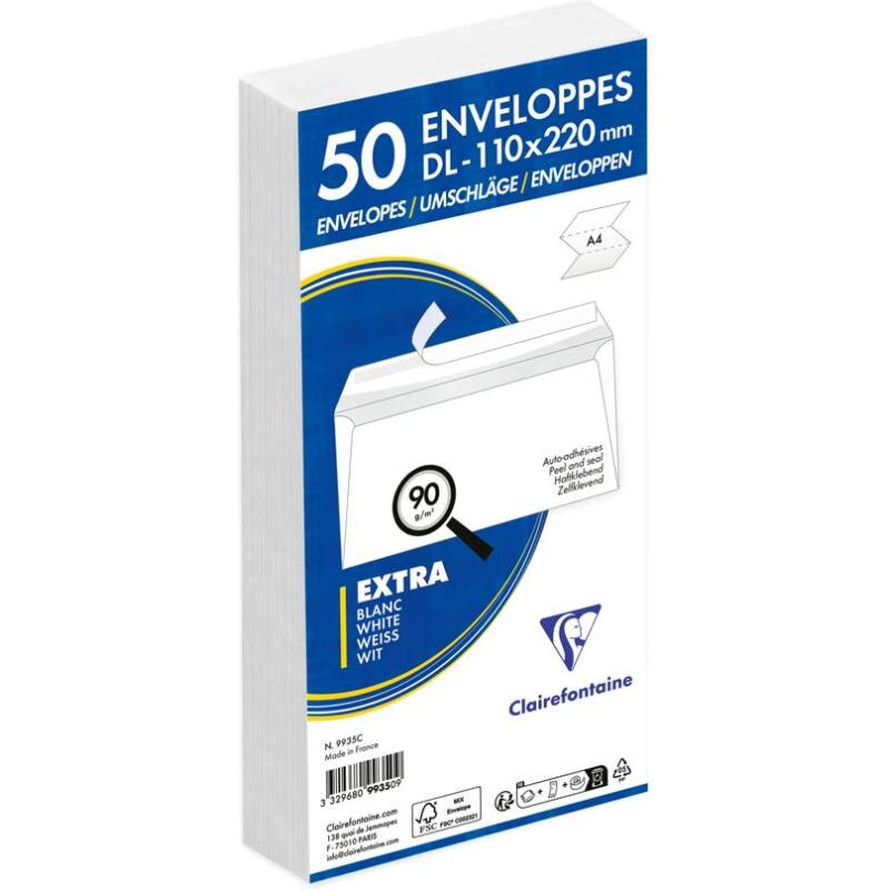 Enveloppe Clairefontaine 90 g/m² sans fenêtre blanche avec bande de protection - Paquet de 50
