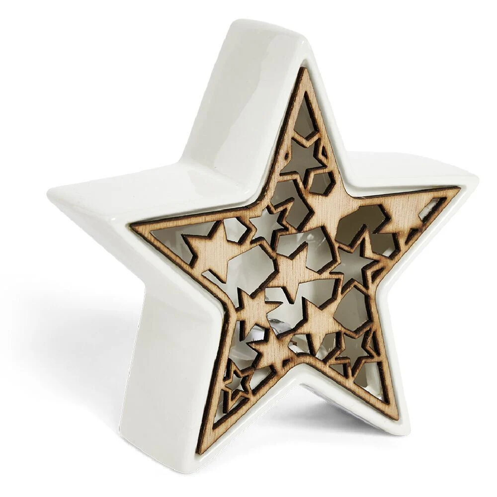 Lampe LED Noël céramique et bois 17x5,5x17cm
