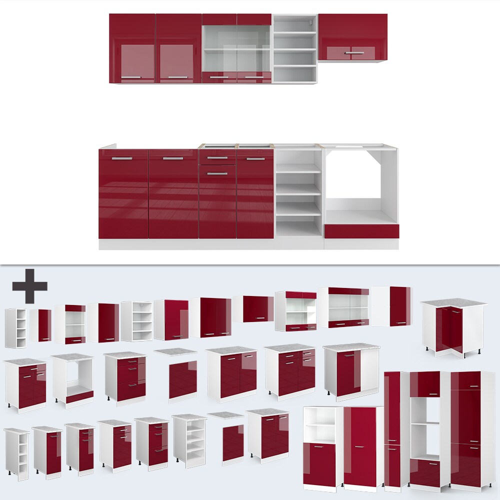 Vicco Küchenzeile Küchenblock Einbauküche R-Line 240 cm Weiß Bordeaux Arbeitsplatte Hochglanz