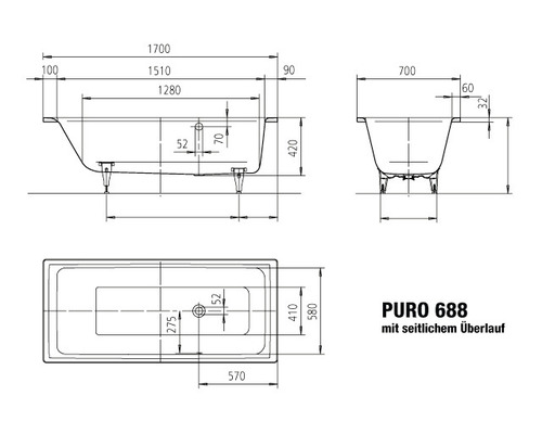 KALDEWEI PURO 688 badkuip, 70 x 170 cm, alpine wit, glanzend, 258800010001