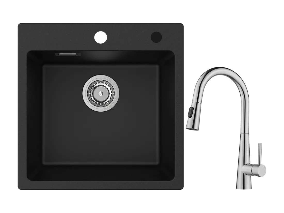 Cecipa max Evier Quartz Noir 45x45 cm Evier 1 Bac en Quartz et Résine + Mitigeur Cuisine avec Douchette Extractible, 3 Modes de Sortie D'eau, Brossé