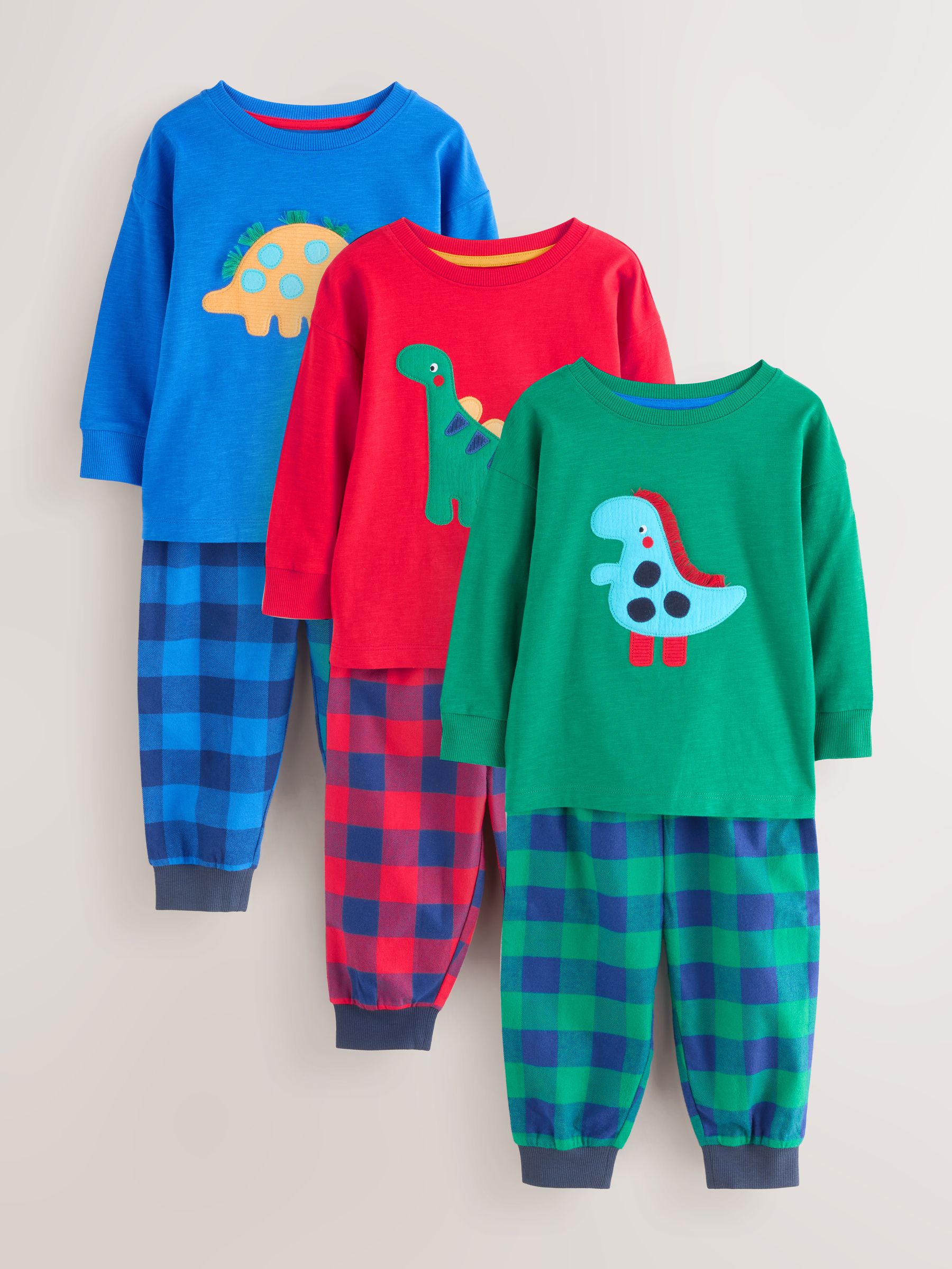 Rood/blauw/groen geruite dinosaurus - Pyjama met geweven onderkant 3 Pack (9mths-12yrs)