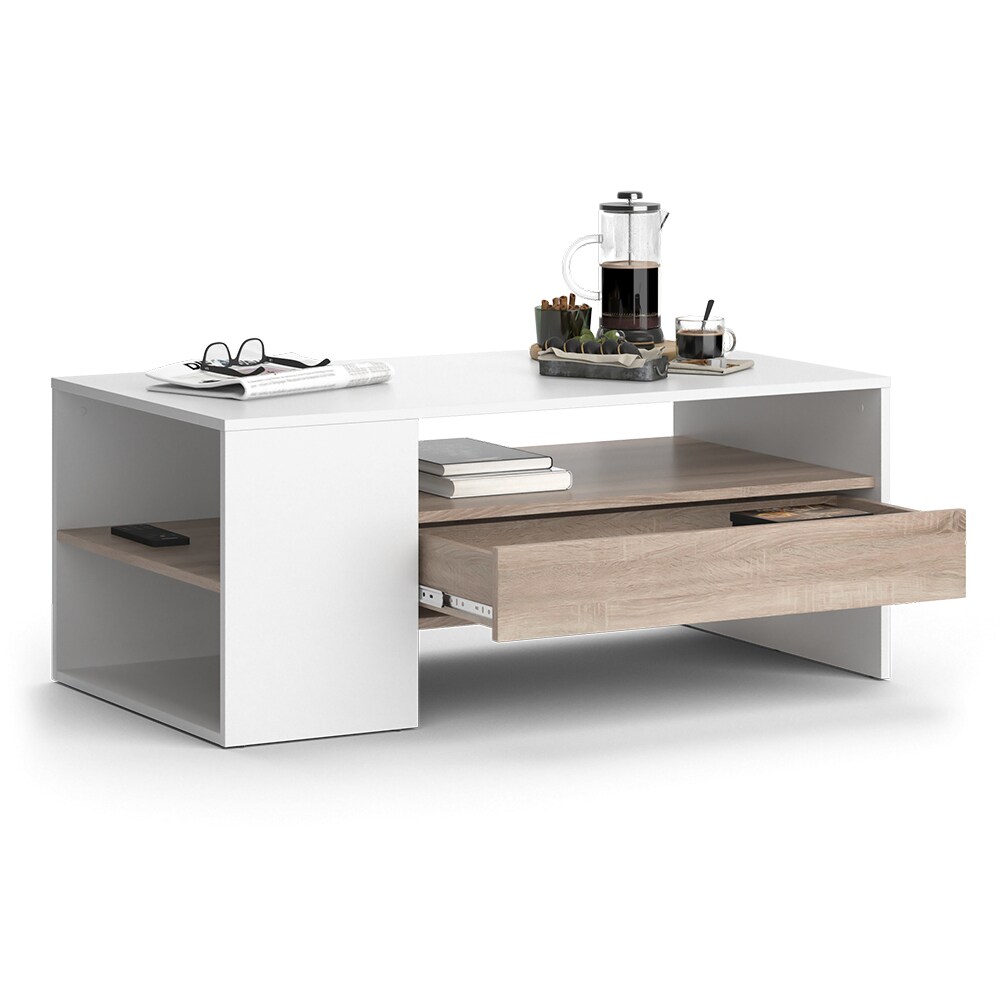 Vicco Couchtisch Sofatisch Kaffeetisch Fabien Weiß Sonoma Wohnzimmer Tisch 110x45 cm modern Ablage Fach Schublade Beistelltisch Stubentisch