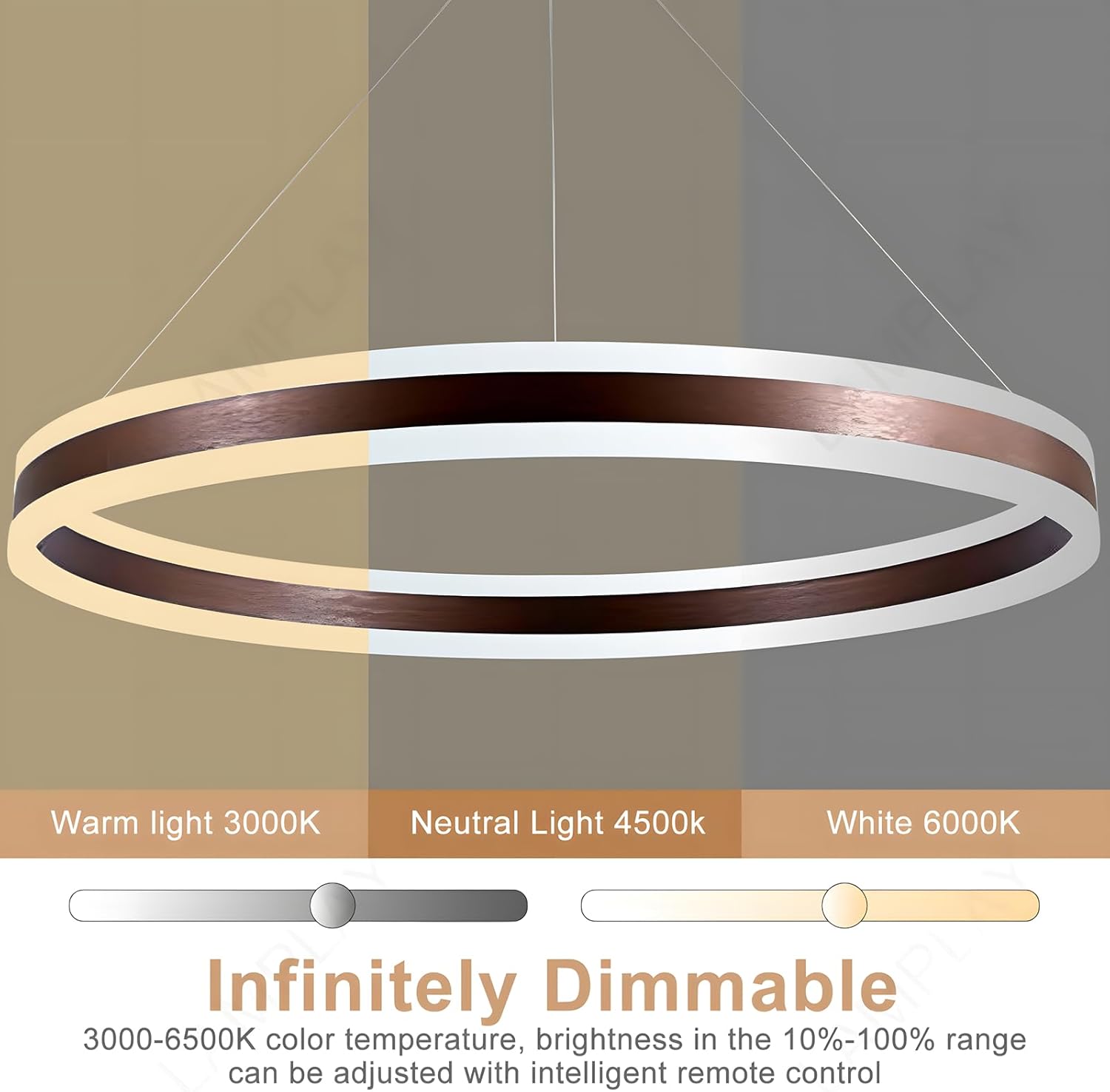 Runde Moderne LED-Pendelleuchte, 1 Braun Ring-Kronleuchter, Dimmbar Mit Fernbedienung 3000K-6000K Deckenleuchte, Höhenverstellbar, Foyer, Wohnzimmer, Schlafzimmer, Esszimmer(Ø100cm)