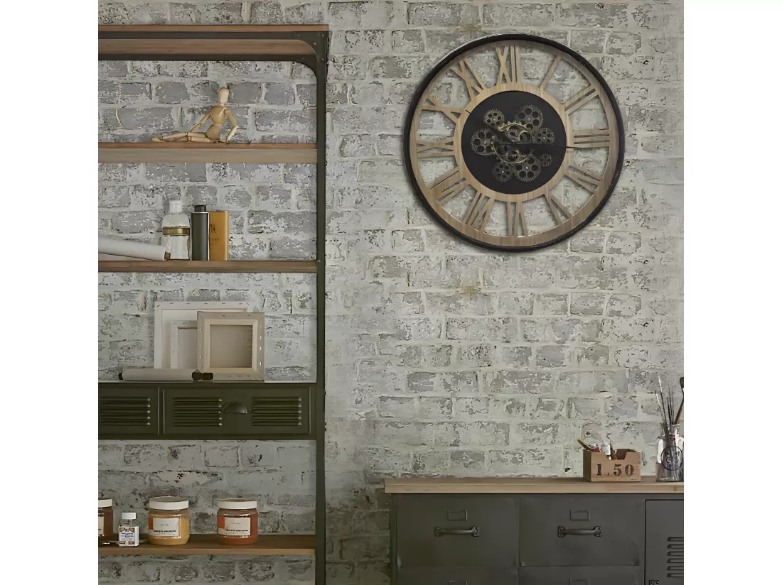 Pendule murale en Métal et Bois avec mécanisme apparent D 57 cm