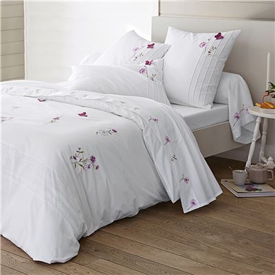 Linge de lit percale brodée fleurs et papillons - BECQUET CRÉATION