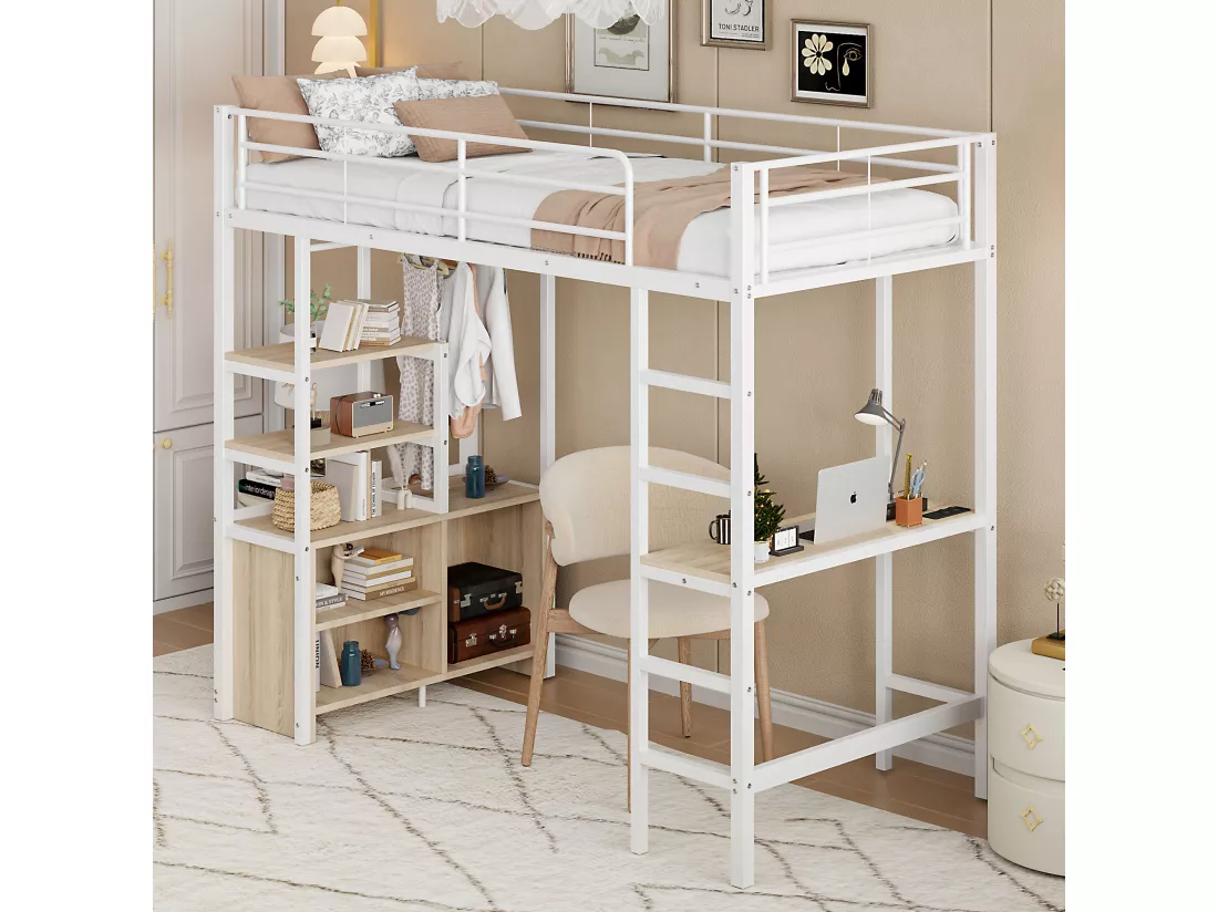 Lit mezzanine 90 x 200 cm avec bureau, prises USB, placard de rangement ouvert - Métal + MDF - Blanc (sans matelas)