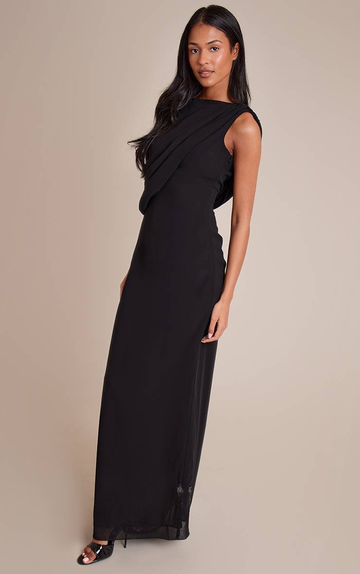 Noir Robe Longue Grande Taille En Mousseline Avec Détail Cache-cœur