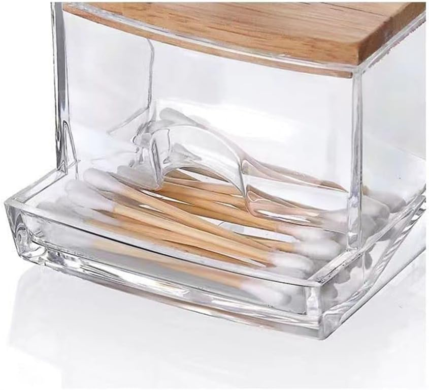 (88x72mm) Wattestäbchen Spender Beauty Make Up Organizer Aufbewahrungsbox mit Bambus Deckel - Transparent