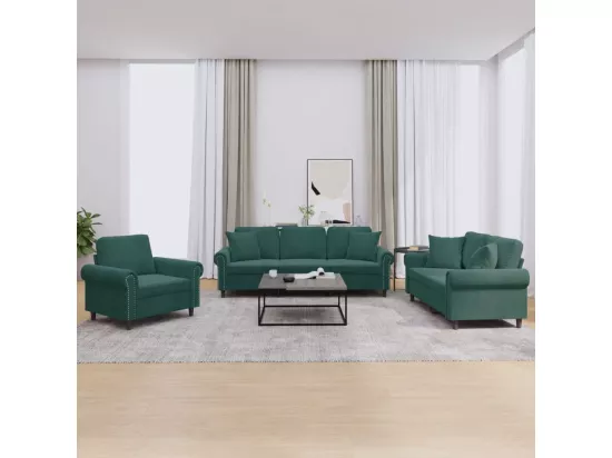 Ensemble de canapés 3 pièces avec coussins vert foncé velours