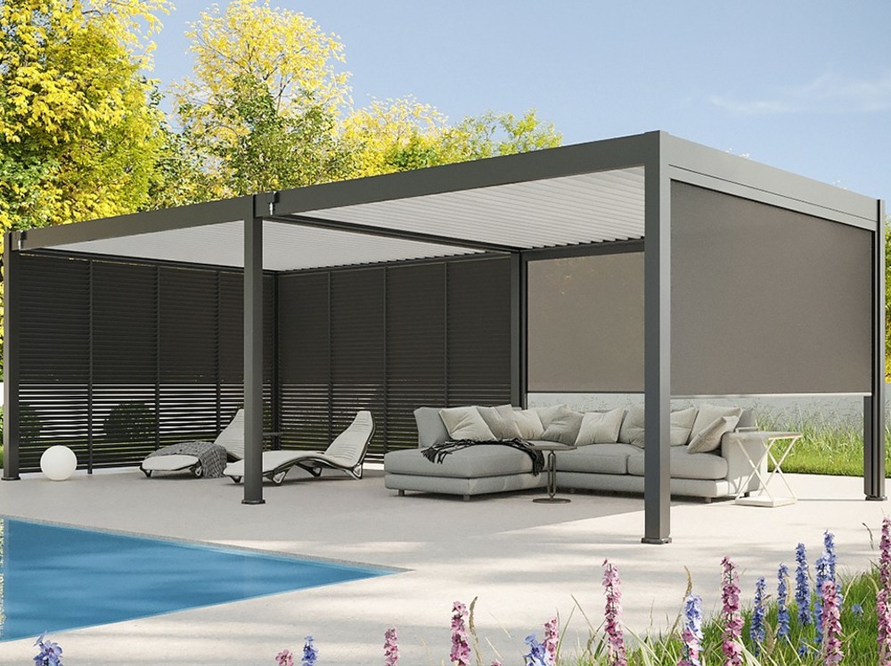 Pergola bioclimatique 4x8 aluminium - eclipse 32 anthracite autoportee - certifié resistant uv - lames inclinables