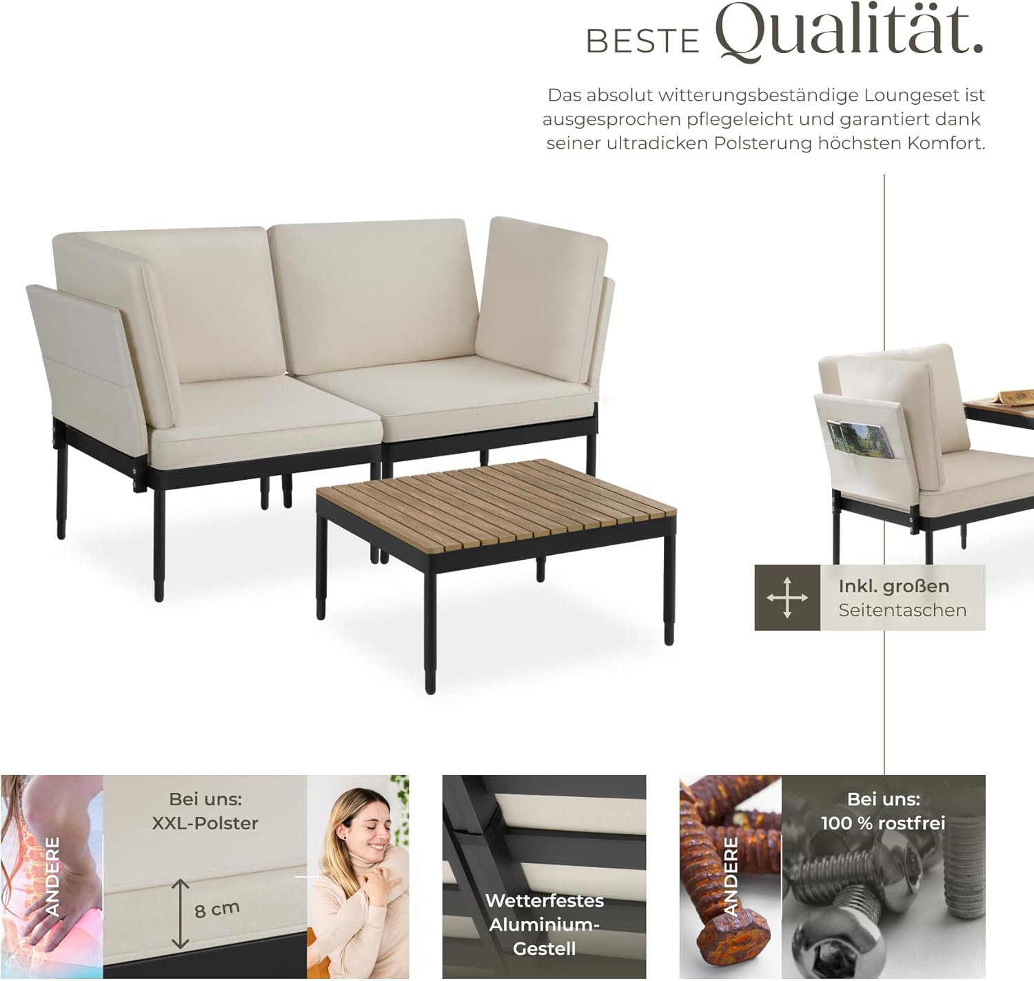tectake® 5-in-1 Gartenlounge Set, Gartenmöbel mit Outdoor Kissen wetterfest, Lounge Sessel, Liege oder Gartenbank, Balkontisch, Balkonmöbel Kleiner Balkon, Lounge Möbel Outdoor, Terrasse, Holz Optik