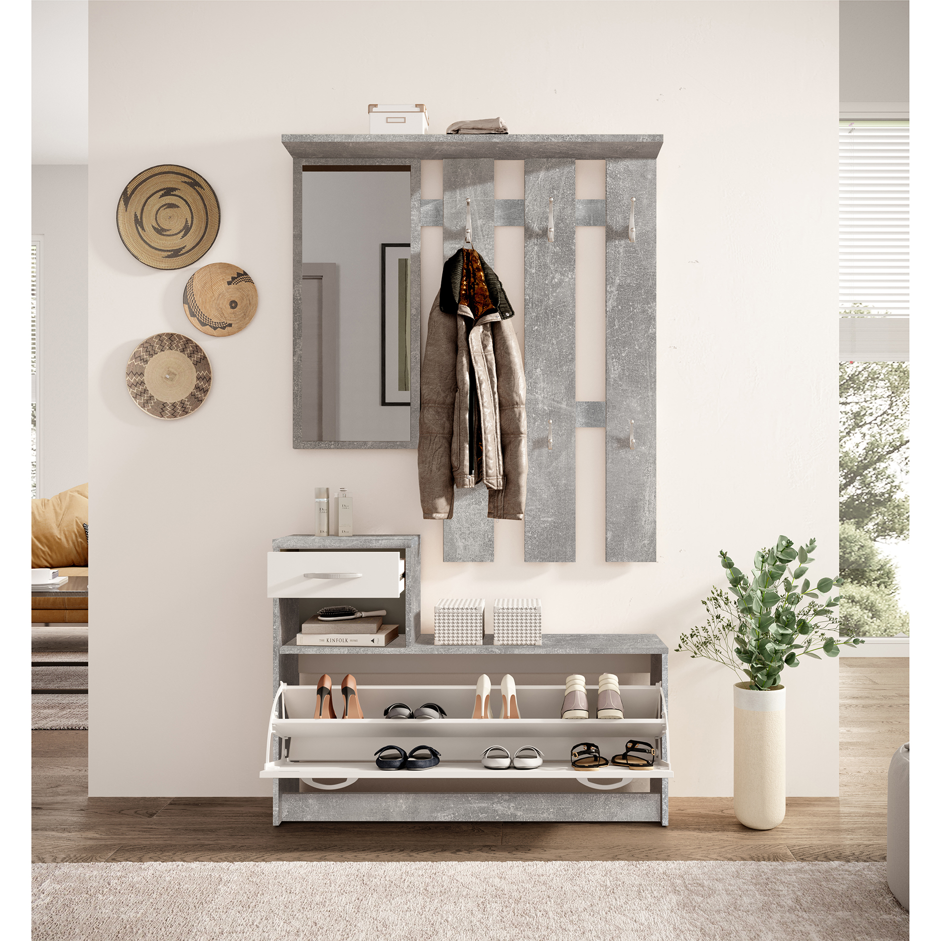 Garderobe - Betonoptik-weiß - mit Schubkasten