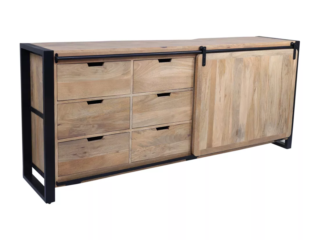Buffet avec 1 porte et 6 tiroirs en bois de manguier et métal - Naturel et noir - HARLEM II
