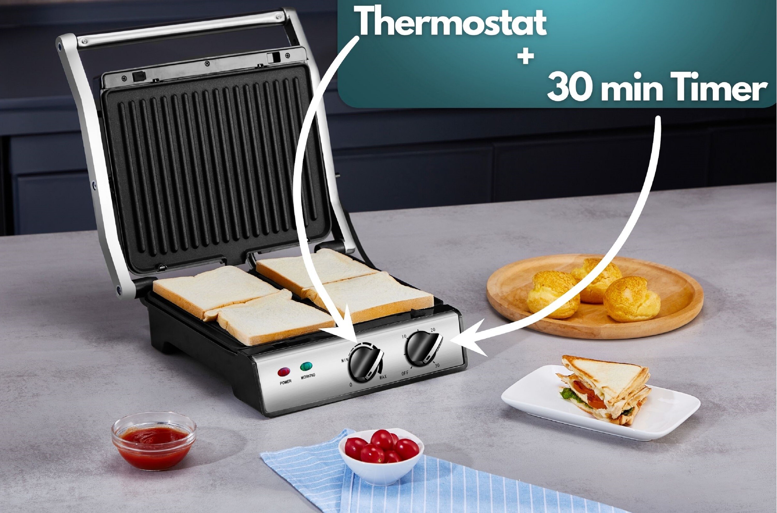Steinborg 180° Kontaktgrill Timer Thermostat Anti-Rutsch-Füße 2000W