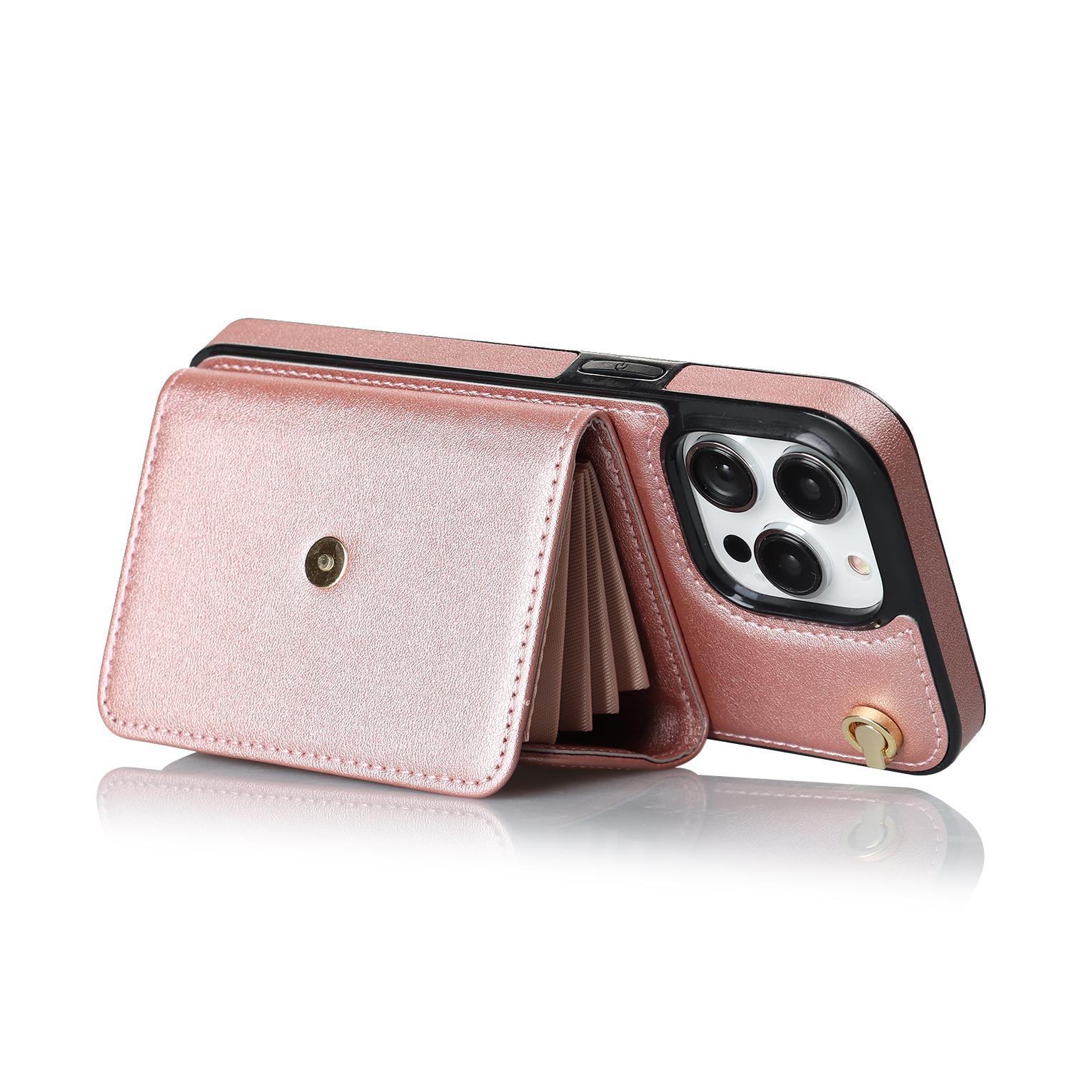 iPhone 14 Pro Necklace Leder Schutz Hülle mit Kartenfach   Handykette (140cm) - Roségold