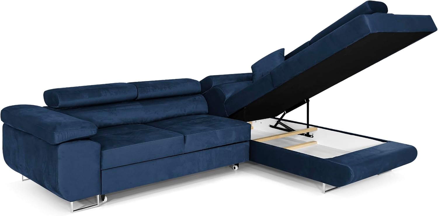 Ecksofa mit Schlaffunktion PASTI L-Form, Sofa Couch mit Bettkasten, 3-Sitzer Eckcouch, Schlafsofa für Wohnzimmer, Big Sofa Couch mit Schlaffunktion (Blau, Ottomane Rechts)