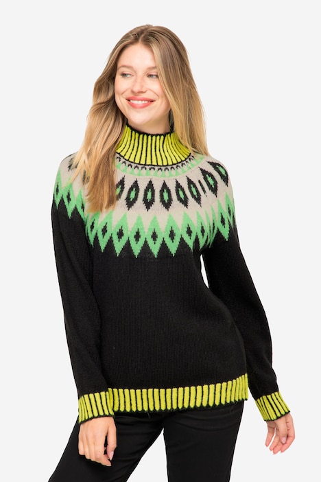 Norwegerpullover, Wollanteil, Stehkragen, Langarm, mit recyceltem Polyester