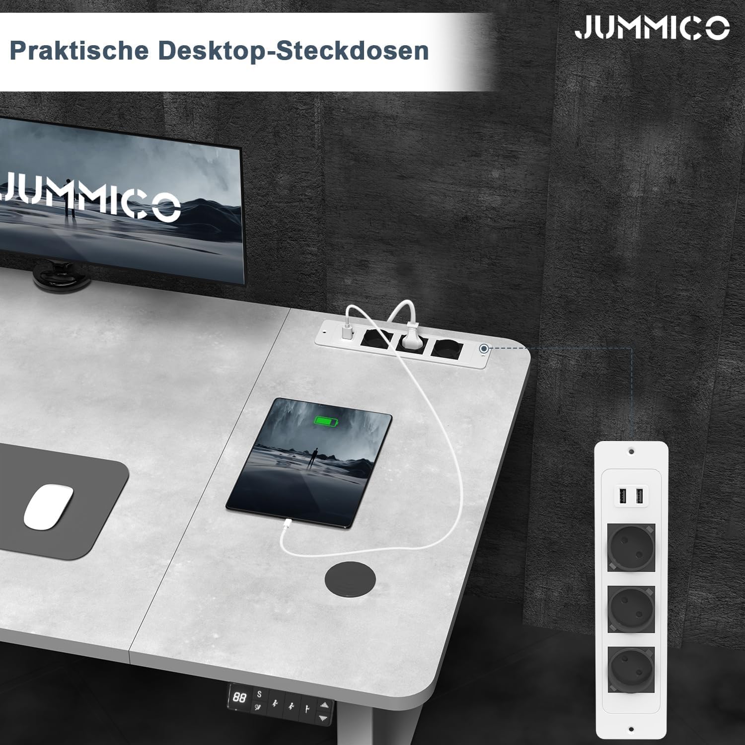 JUMMICO Höhenverstellbarer Schreibtisch mit Kabelloser Ladestation und Euro-Steckdose mit USB, Schreibtisch Höhenverstellbar Elektrisch Stehtisch, Standing Desk (Grau 180x80cm)