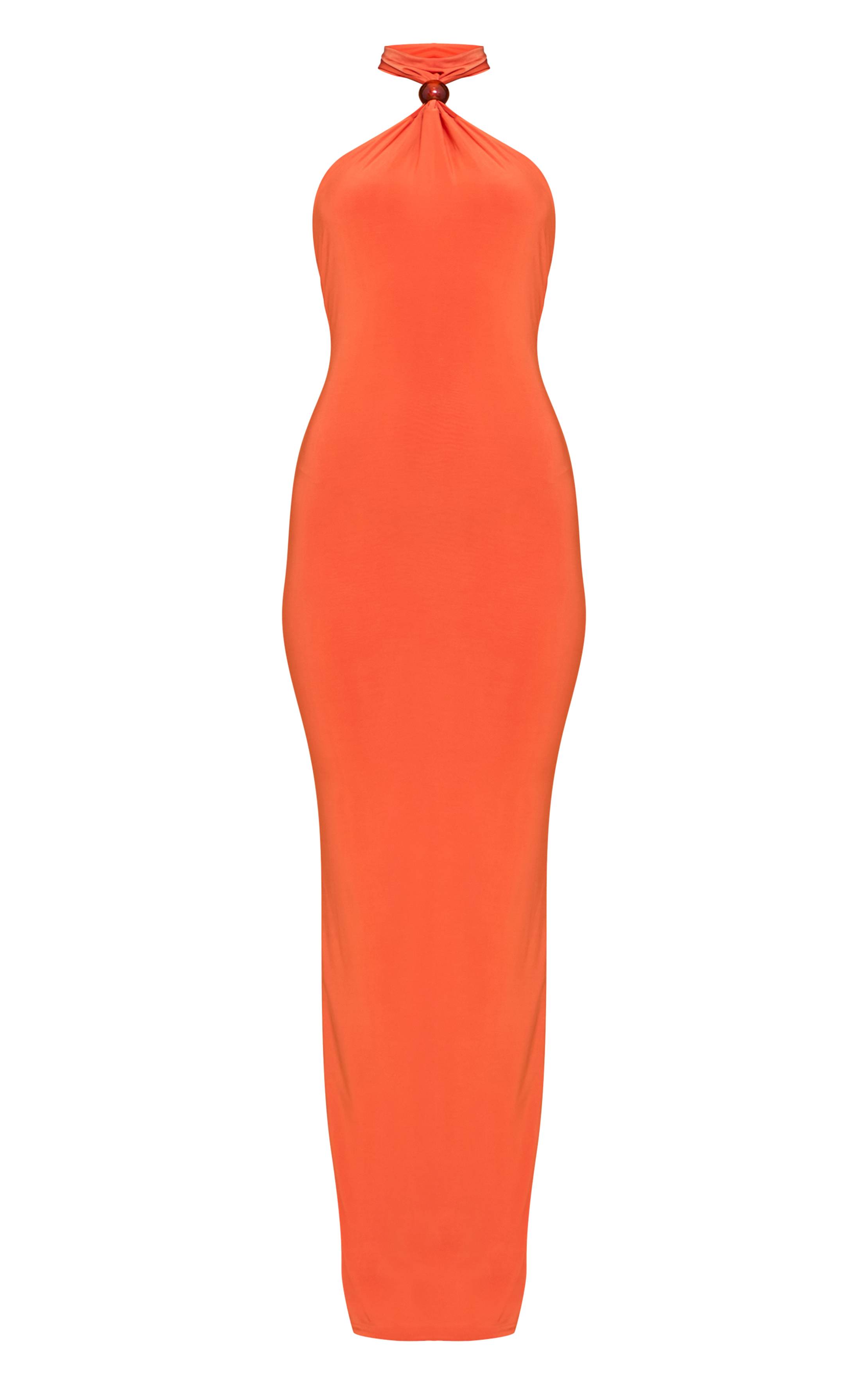 Orange Brûlé Robe Longue Dos Nu En Jersey Fluide Avec Détails De Perles
