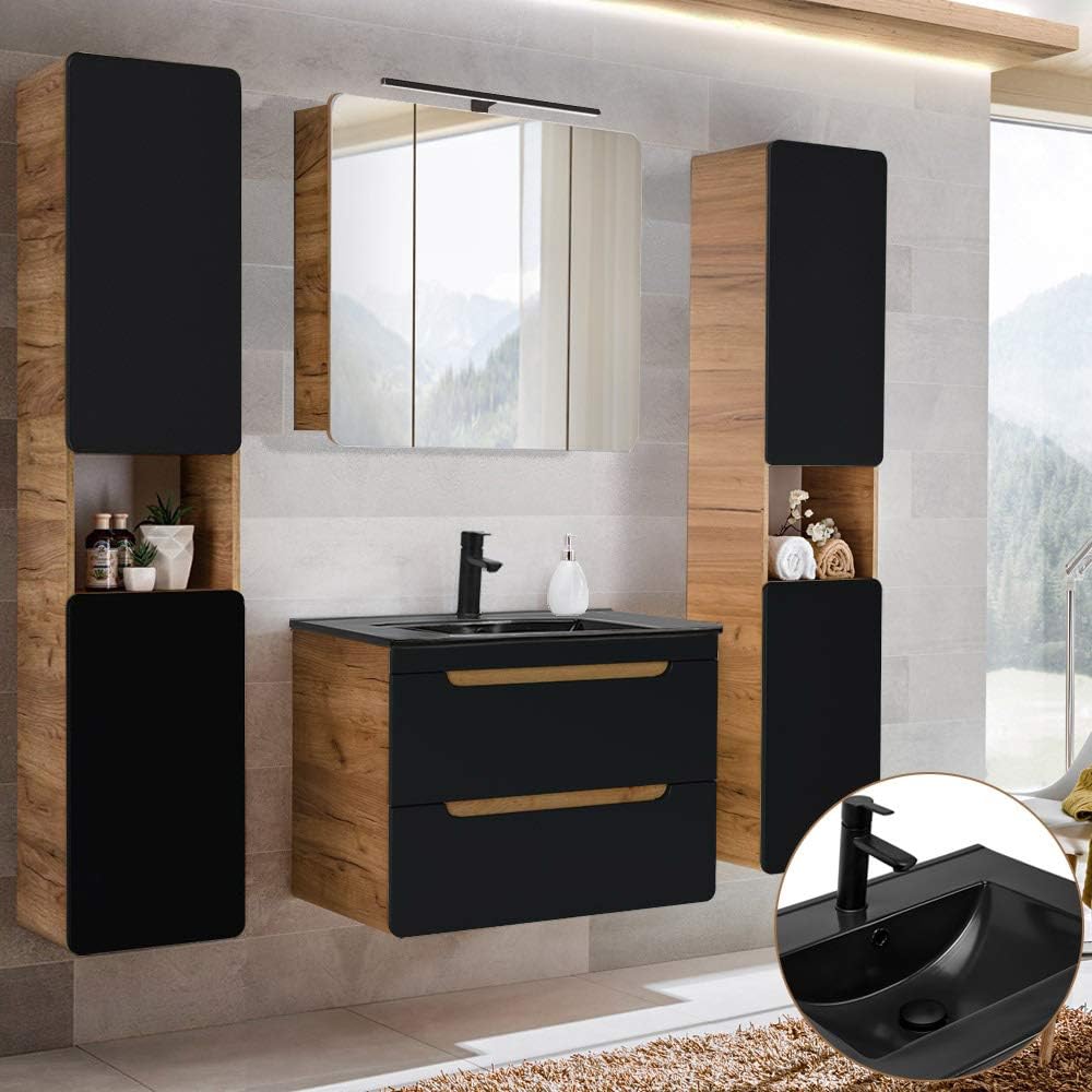 Lomadox Badmöbel Set 4-teilig, seidenmatt anthrazit & Wotan Eiche Nb., Badezimmer Komplettset: Spiegelschrank, Waschtisch mit Unterschrank, 2 Hochschränke