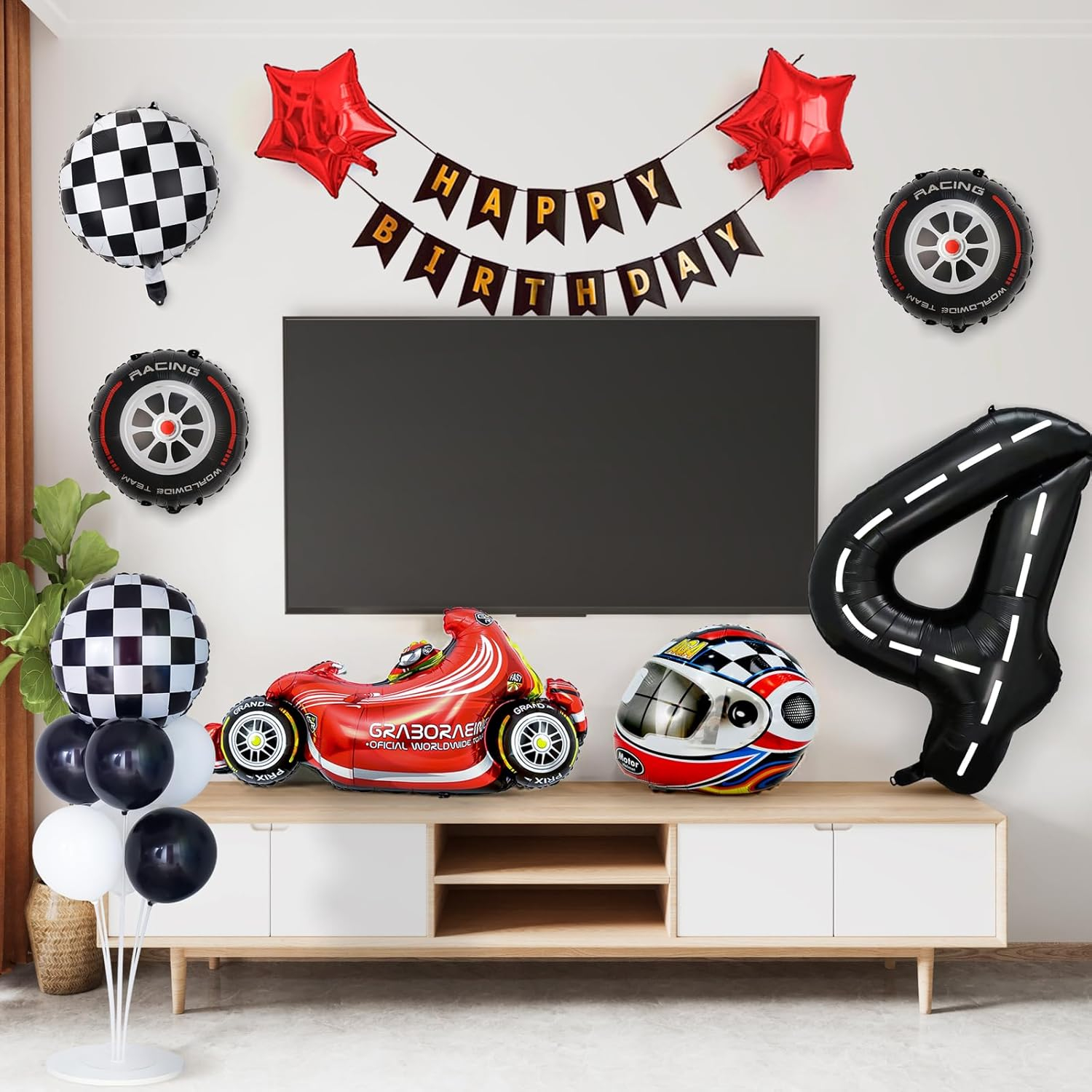 (8-tlg. Set) Zahlen Ballon Kinder Geburtstags Party Folienballon - Zahl 4 / Rennauto