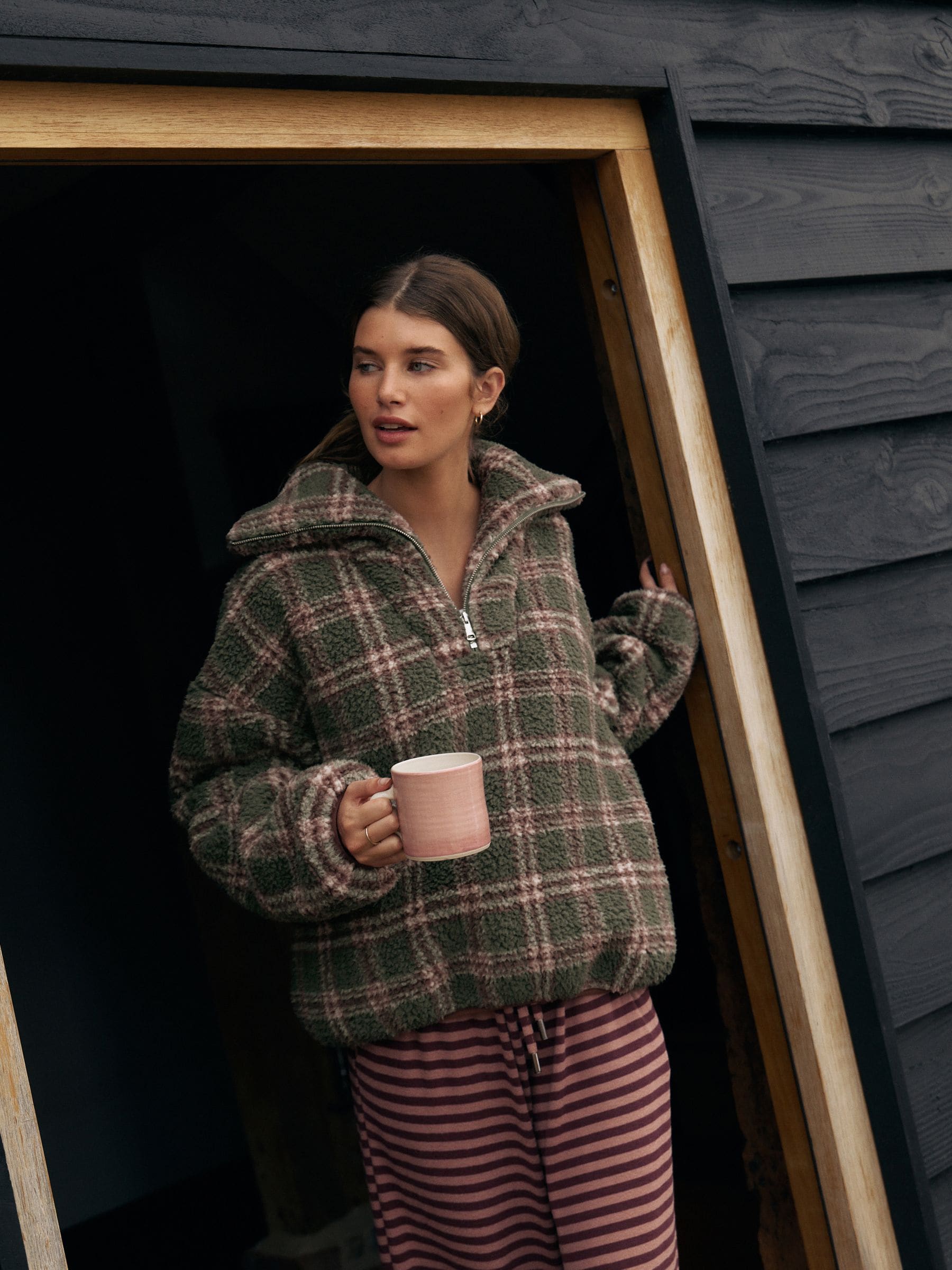 Groen/roze geruit - Borg fleece met kwartrits
