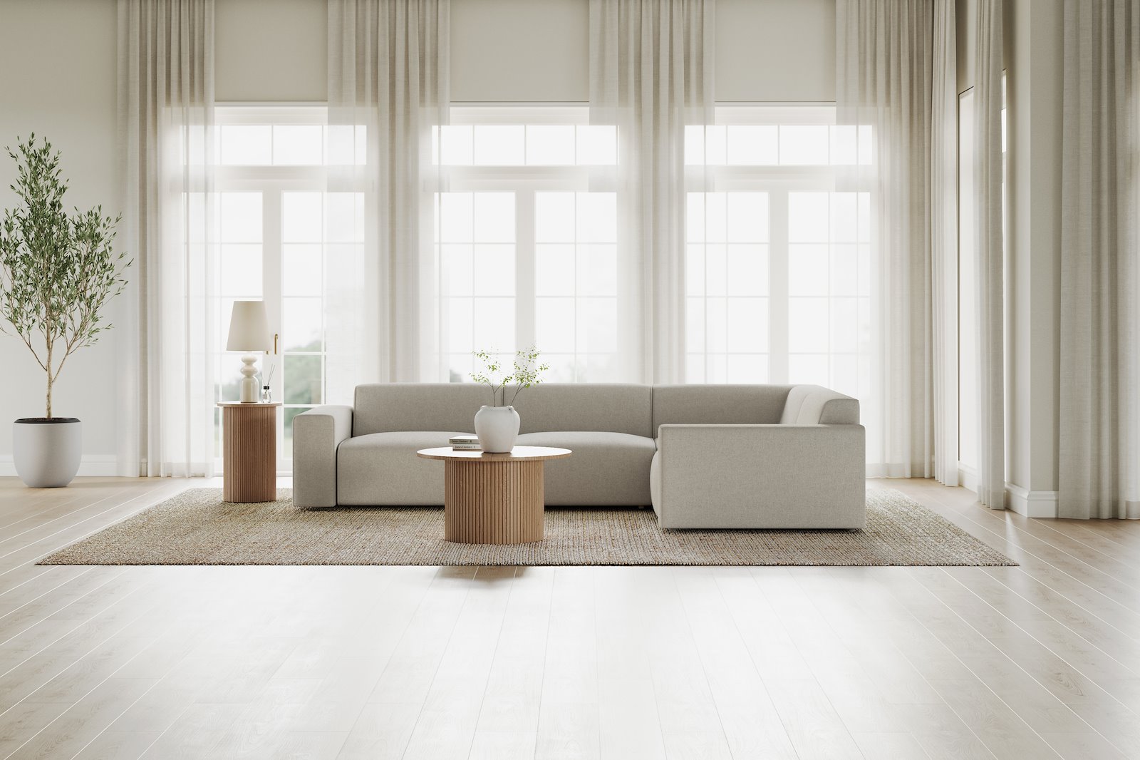 Styl hjørnesofa 3/1,5 hjørnesofa duo puter. Tekstil Lombardo 14 Latte med sorte ben.