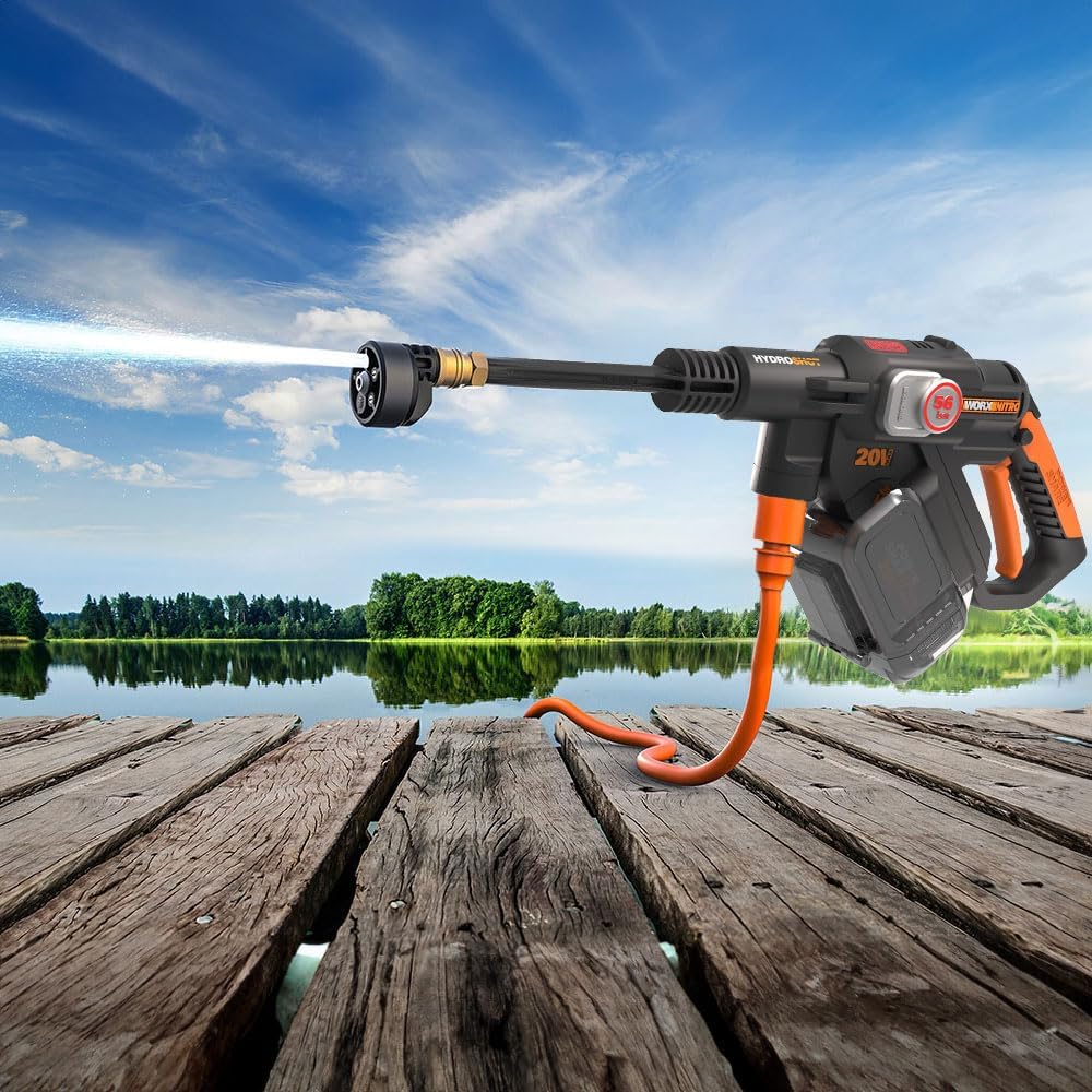 WORX WG633E Hydroshot Akku-Hochdruckreiniger 20V - 56 Bar Max. Druck - multifunktional zur Reinigung & Bewässerung - leistungsstarker bürstenloser Motor - 5-in-1 Druckdüse - inkl. 4Ah Akku & Ladegerät