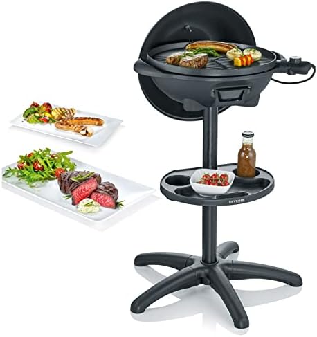 SEVERIN Barbecue électrique 2 000 W avec grille en fonte d'aluminium, Barbecue sur pieds avec couvercle et thermomètre intégré, eBBQ avec grande surface de cuisson lisse et rainurée, Noir, PG 8541 : Jardin