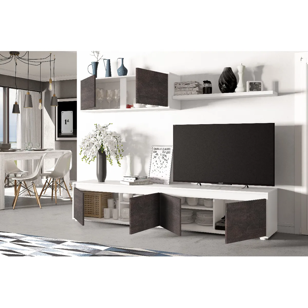 Alter Meuble TV 4 portes avec élément mural - Marron foncé et blanc