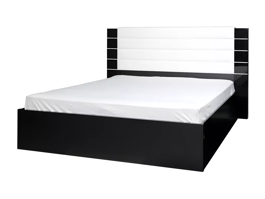 Ensemble design pour chambre à coucher LINA noir. Lit coffre 180x200 + 2 chevets avec LED + commode avec LED