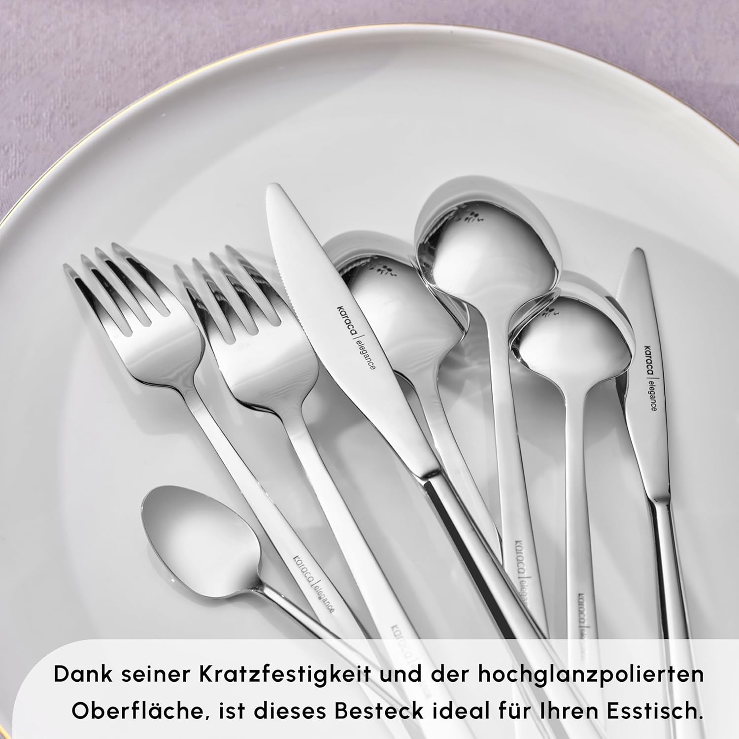Karaca Flow 84-tlg Edelstahl Besteck Set für 12 Personen, Modern Langlebig, Rostfrei Besteckset, Spülmaschinenfest & Elegantes Besteck (Cutlery Set), Platin
