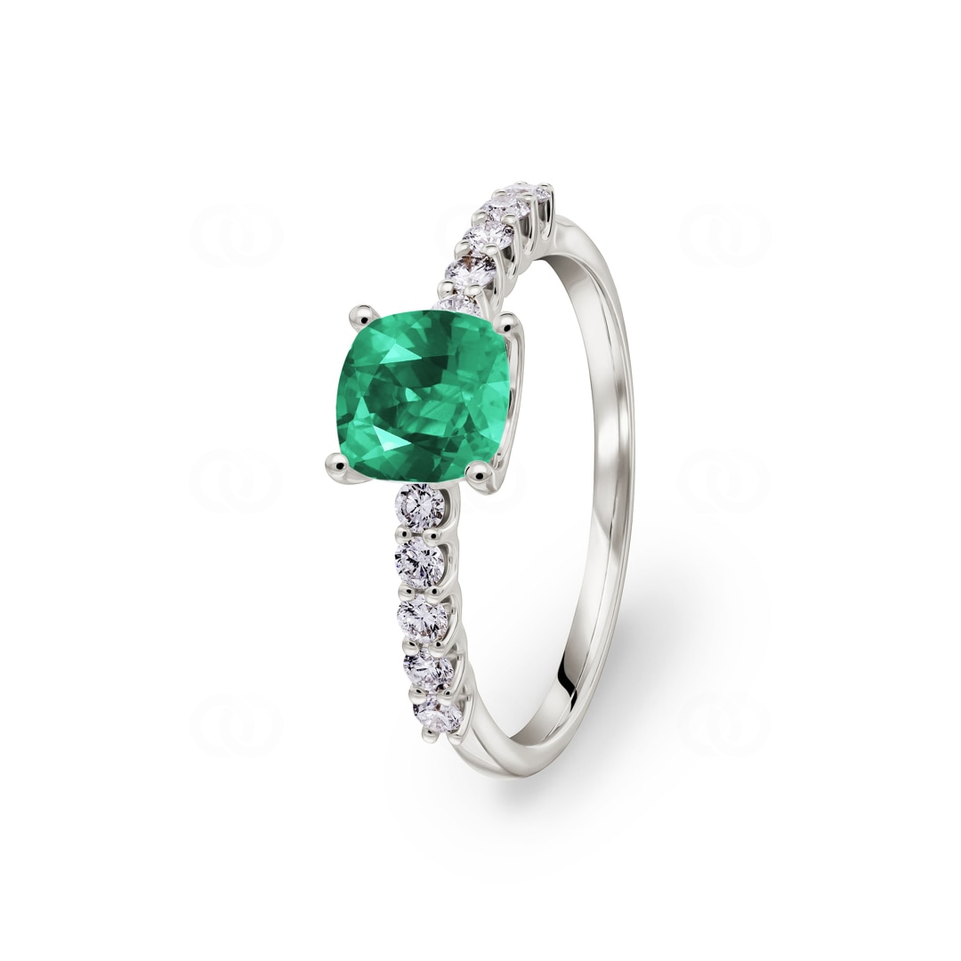 Pavé Solitärring 750/18 K Weissgold mit Smaragd & Diamanten 0.25 ct H/si