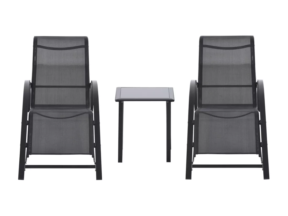 Lot de 2 bains de soleil design contemporain table basse plateau verre trempé métal époxy textilène noir