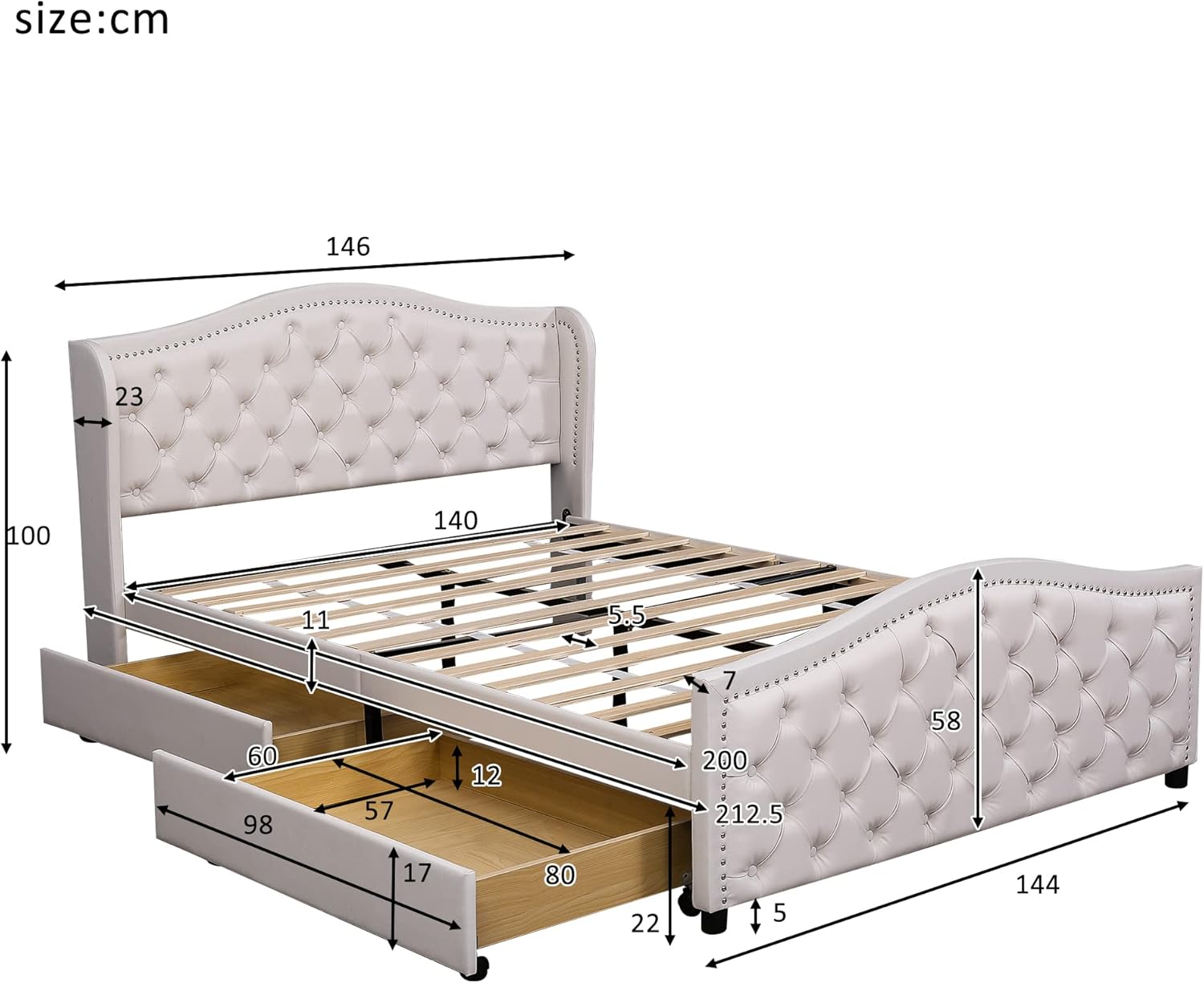 Kayan Polsterbett 140 x 200 cm - Bett mit Lattenrost, 2 Schubladen und Kopfteil mit Zugpunktnieten – Holz & Kunstleder - Weiß – Jugendbett Gästebett