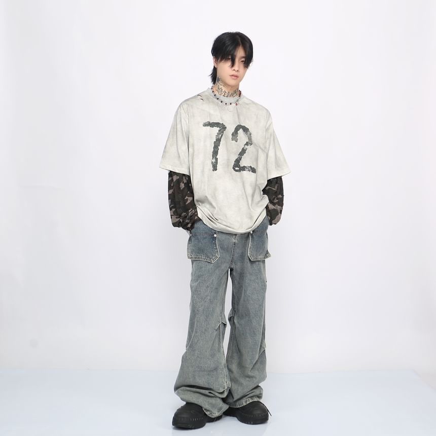 Derbundy - Versleten T-shirt met lange mouwen, ronde hals en nummerprint, oversized