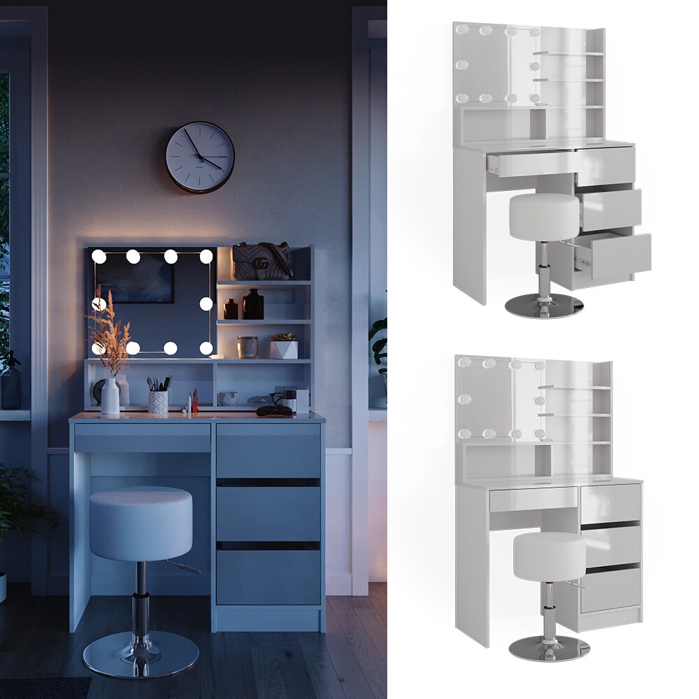 Vicco Schminktisch Sherry Weiß Hochglanz 90 x 75 cm Spiegel LED & Hocker Regal