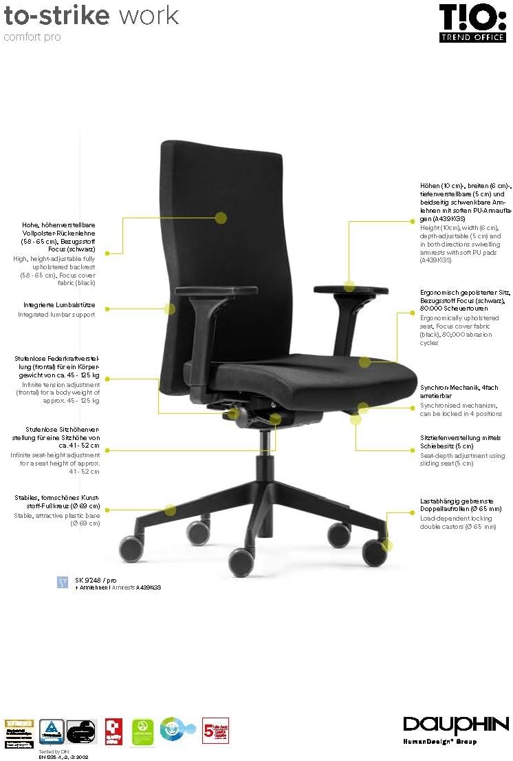 Trendoffice to-Strike Comfort pro sk 9248, Testsieger Stiftung Warentest, ergonomischer Bürostuhl mit 4D-Armlehnen, höhenverstellbare Rückenlehne, by Dauphin (schwarz)