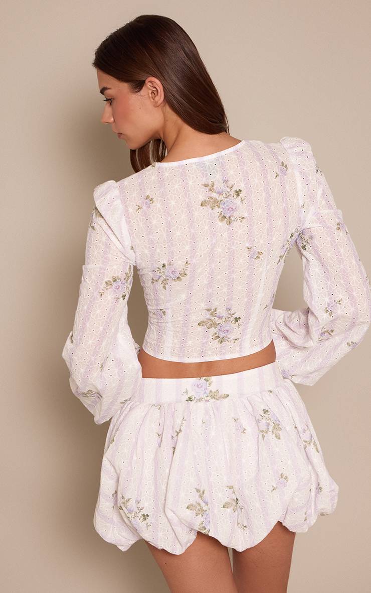 Lilas Ensemble Coordonné Jupe Bouffante Imprimée Florale Brodée