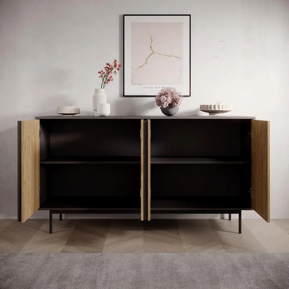 Meubella - Antigo - Dressoir - Eiken/Antraciet - 163x43x87 cm