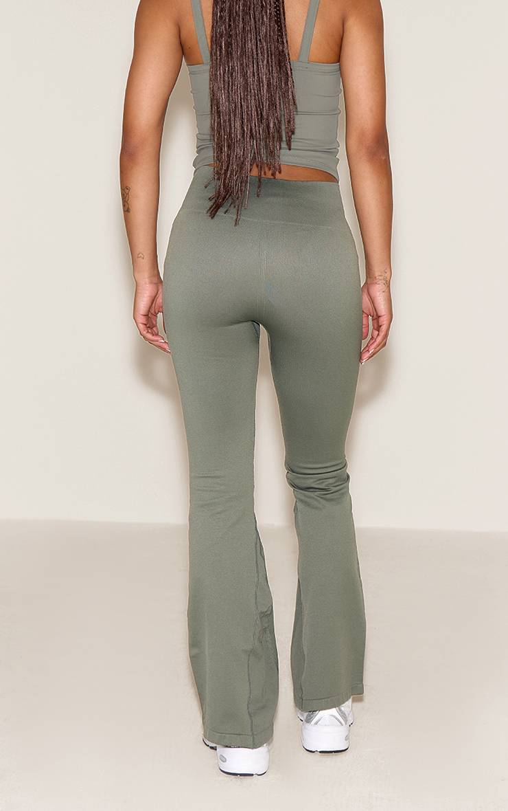 Vert Olive Pantalon De Yoga Évasé Taille Haute Avec Détails Côtelés Sans Couture Plt Sport