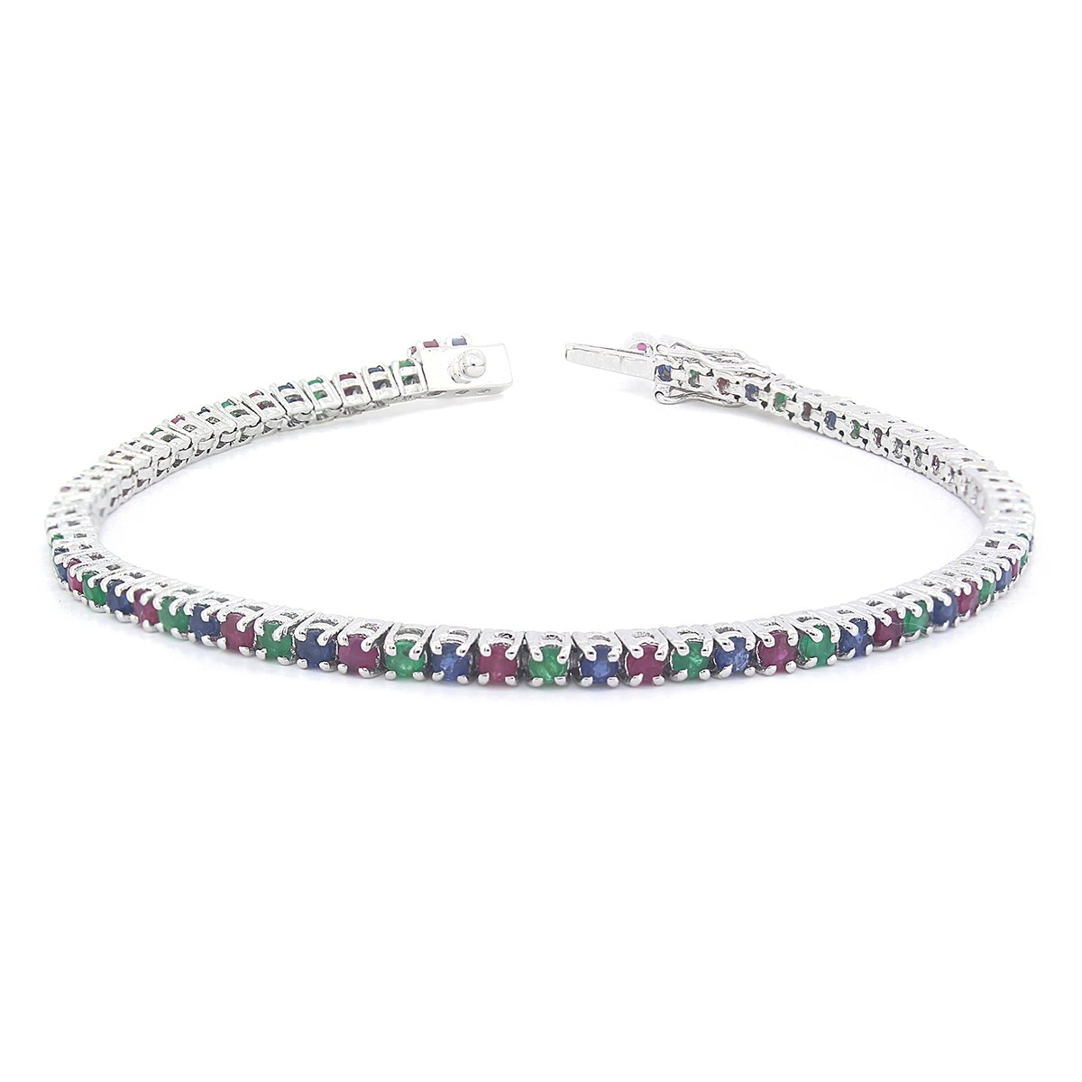 Bracelet Tricolore Ronde Rubis, Emeraude, Saphir & Argent 925