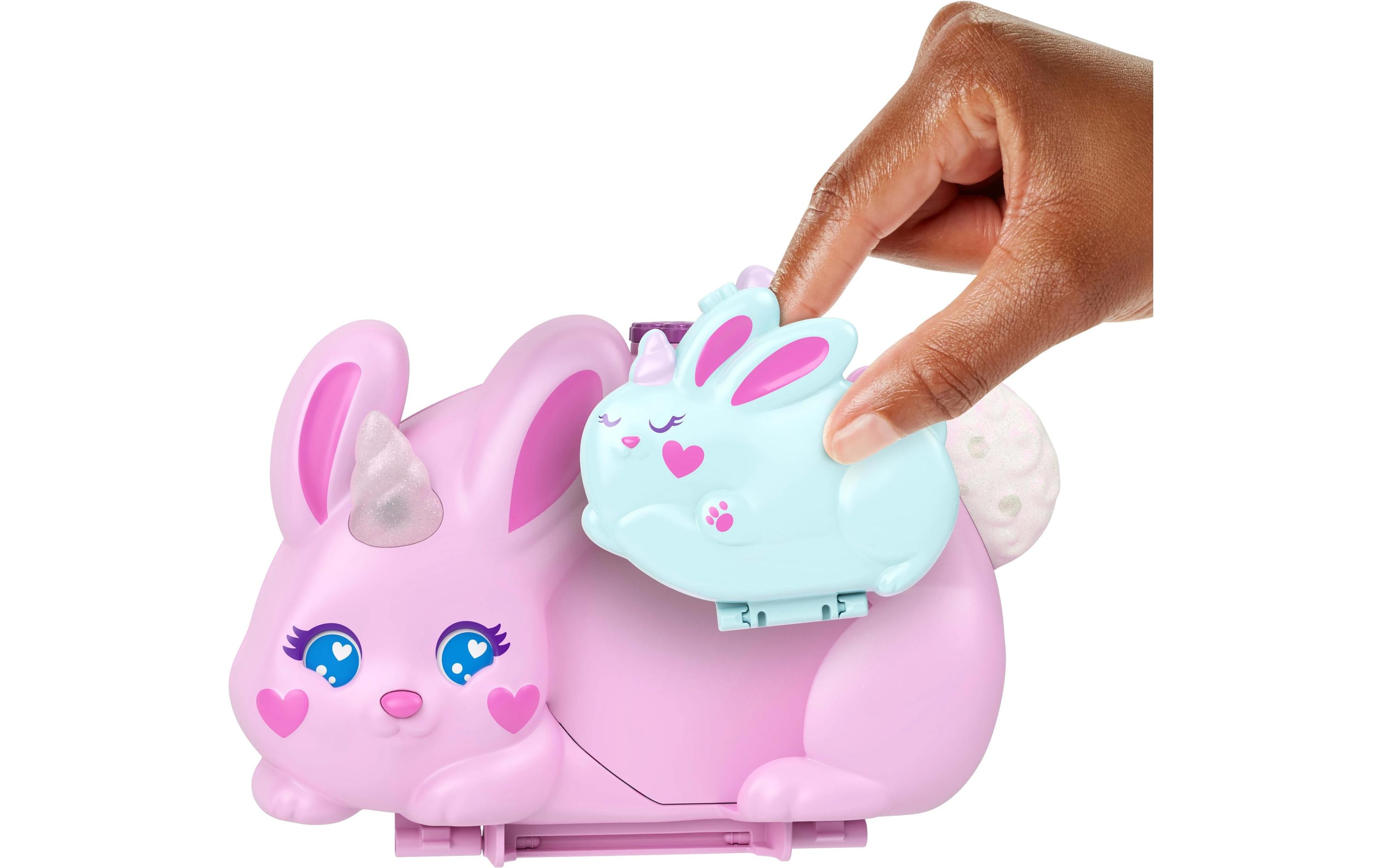 Baby und Mama Schatulle2-in-1-Bunny Fun Schatulle, tragbares Taschen-Spiel-Set mit 2 Puppen und 12 Zubehörteilen inklusive Tieren