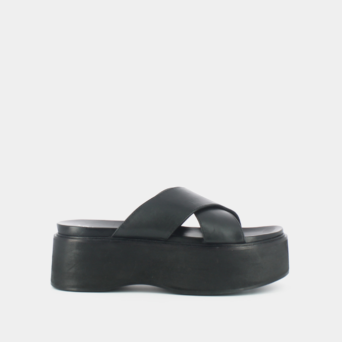 Mules à brides croisées et plateformes  en cuir noir