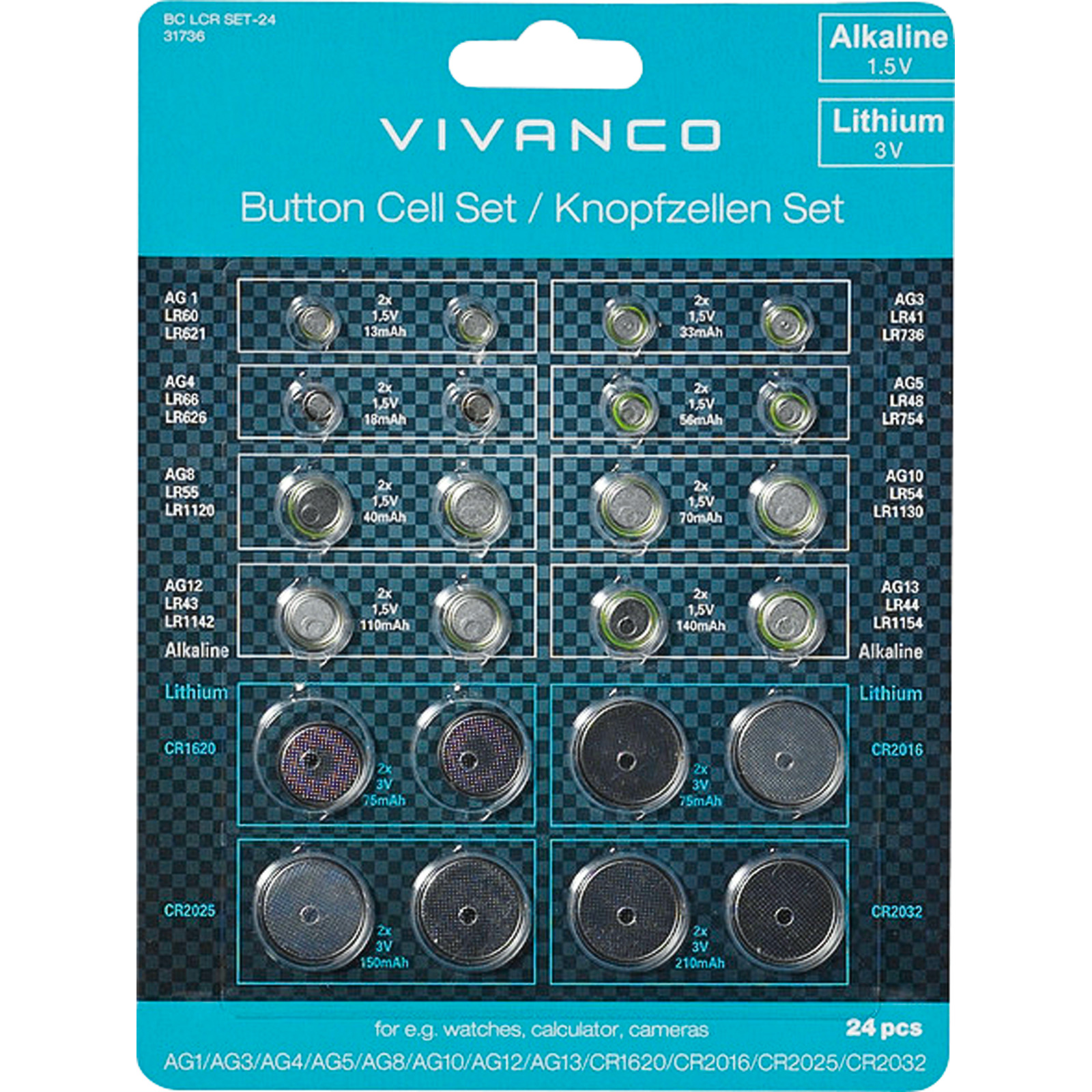 Vivanco Knopfzellen-Set 24 st. ass.