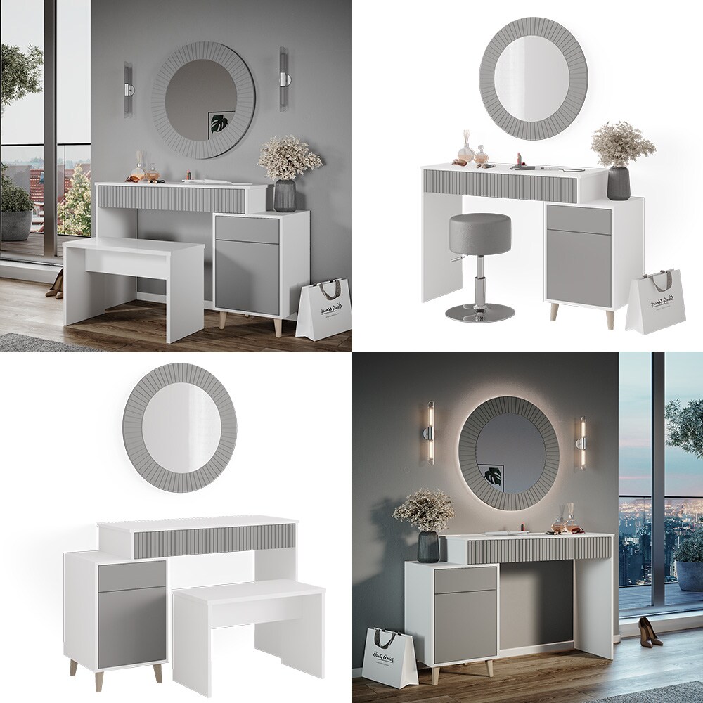 Vicco Schminktisch Frisiertisch Kosmetiktisch Arles Weiß Hellgrau Schminkspiegel Bank 120x77 cm Skandi Schlafzimmerkommode Schminkkommode Schublade Ablage Aufbewahrung Frisierkommode Make-Up-Tisch